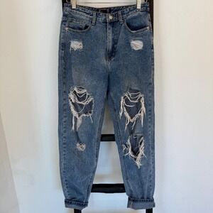 Pretty Little Thing Mom Jeans Distressed Ripped Blue Denim Size 6